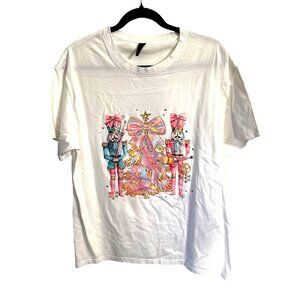 Nutcracker Graphic White T-Shirt Christmas Tree Design Large G 100% Cotton